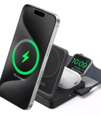 Anker MagGo 15W 3-in-1 Wireless Charger in black showing iPhone, Apple Watch, and AirPods charging simultaneously.