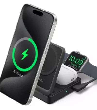 Anker MagGo 15W 3-in-1 Wireless Charger in black showing iPhone, Apple Watch, and AirPods charging simultaneously.