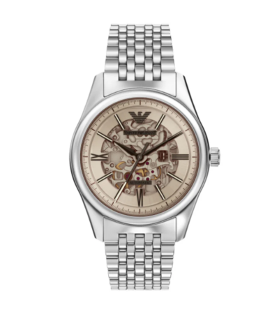 Front view of Emporio Armani silver skeleton watch with amber crystal and stainless steel bracelet.