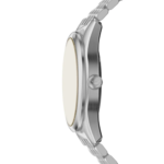 Front view of Emporio Armani silver skeleton watch with amber crystal and stainless steel bracelet.