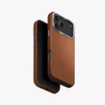 Uniq Lyden Caramel leatherette case for iPhone 17 Pro Max featuring an aluminum camera bezel and buttons.