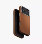 Uniq Lyden Caramel leatherette case for iPhone 17 Pro Max featuring an aluminum camera bezel and buttons.