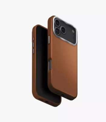 Uniq Lyden Caramel leatherette case for iPhone 17 Pro Max featuring an aluminum camera bezel and buttons.