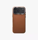 Uniq Lyden Caramel leatherette case for iPhone 17 Pro Max featuring an aluminum camera bezel and buttons.