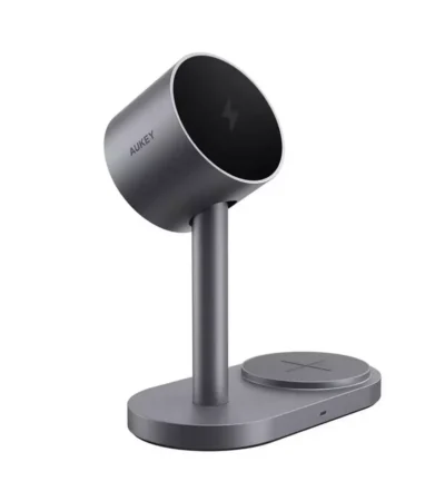 AUKEY Qi2.2 MagFusion 2-in-1 Magnetic Wireless Charger in Grey showing an iPhone and earbuds charging.