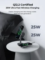 AUKEY Qi2.2 MagFusion 2-in-1 Magnetic Wireless Charger in Grey showing an iPhone and earbuds charging.