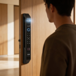 Smart Lock S99 with face recognition and fingerprint scanner on a wooden door