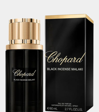 Front view of Chopard Black Incense Malaki Eau De Parfum 80ml bottle with dark cap.