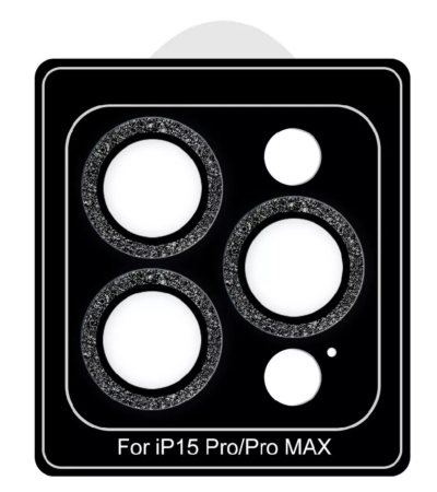 Black diamond-textured camera lens protector rings for iPhone 15 Pro Max