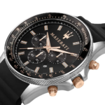 Maserati Sfida men's chronograph watch with silver case and black silicon strap.