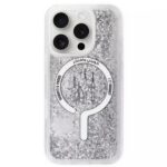 Transparent liquid sand case for iPhone 16 Pro showing scratch-resistant back
