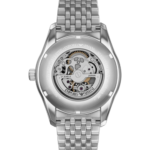 Front view of Emporio Armani silver skeleton watch with amber crystal and stainless steel bracelet.