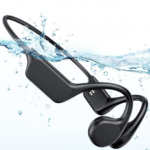 Swimmer wearing black bone conduction headphones with goggles in a pool