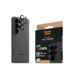 Individual PanzerGlass Hoops camera lens protectors installed on a black Samsung Galaxy S26 Ultra.