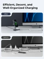 AUKEY Qi2.2 MagFusion 2-in-1 Magnetic Wireless Charger in Grey showing an iPhone and earbuds charging.