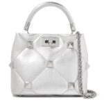 Valentino Roman Stud Top Handle Bag Silver Nappa Leather