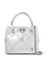 Valentino Roman Stud Top Handle Bag Silver Nappa Leather