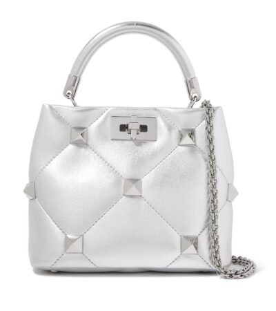 Valentino Roman Stud Top Handle Bag Silver Nappa Leather