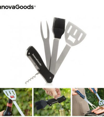 Portable 5-in-1 folding barbecue utensil set with detachable spatula