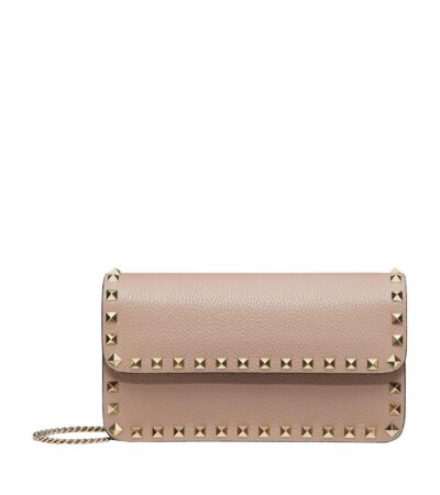 Valentino Rockstud Chain Pouch Pink Calfskin Leather Shoulder Bag