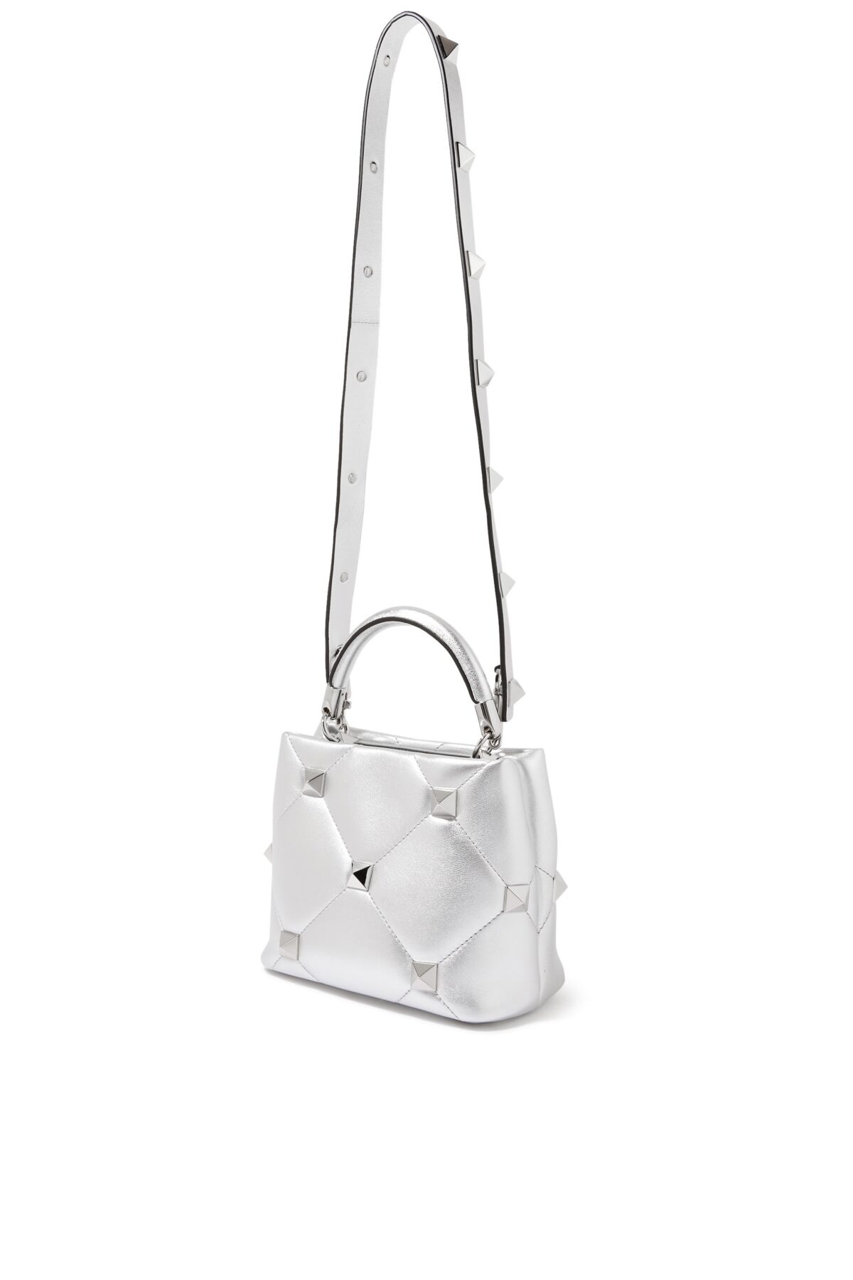 Valentino Roman Stud Top Handle Bag Silver Nappa Leather