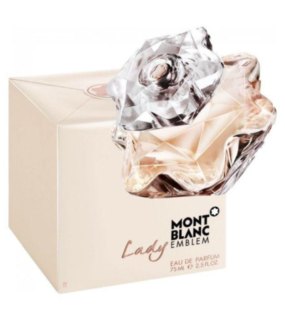 Diamond-shaped pink glass bottle of Montblanc Lady Emblem Eau de Parfum 75ml for women.