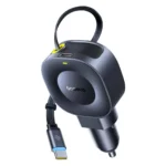 Black Baseus PrimeTrip VR2 car charger featuring a retractable USB-C cable and rotatable magnetic head.