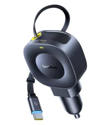 Black Baseus PrimeTrip VR2 car charger featuring a retractable USB-C cable and rotatable magnetic head.