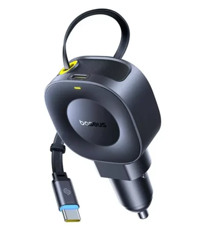 Black Baseus PrimeTrip VR2 car charger featuring a retractable USB-C cable and rotatable magnetic head.