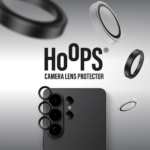 Clear PanzerGlass Hoops camera lens protectors applied to a Samsung Galaxy S26 Ultra. Transparent