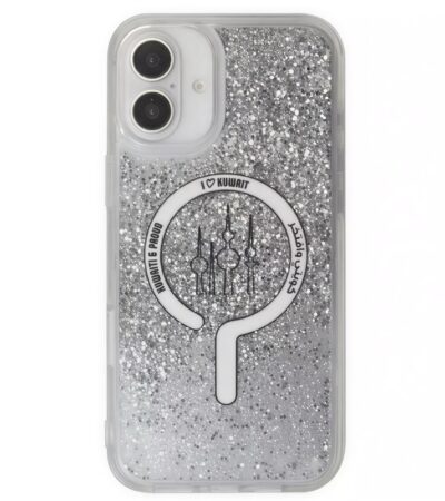 Transparent iPhone 16 Plus case with liquid sand effect and reinforced corners