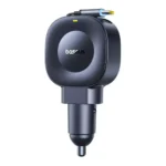 Black Baseus PrimeTrip VR2 car charger featuring a retractable USB-C cable and rotatable magnetic head.