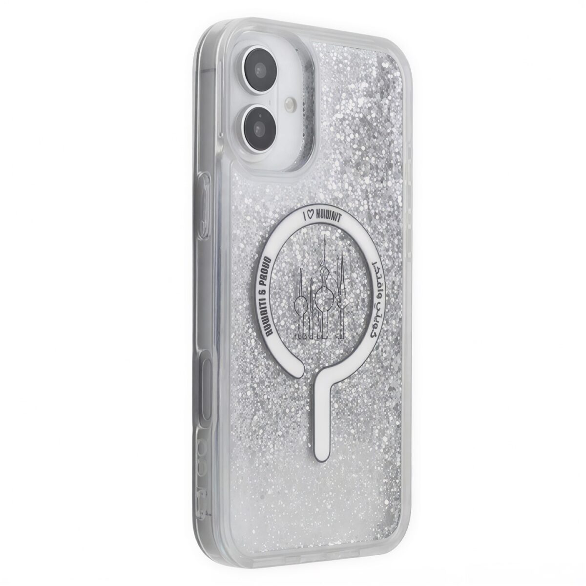 iPhone 16 clear case with moving liquid sand and shockproof bumpers