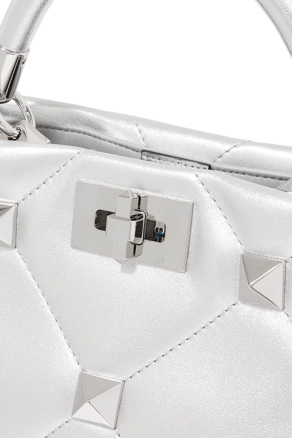 Valentino Roman Stud Top Handle Bag Silver Nappa Leather