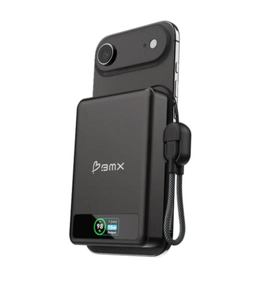 BMX SolidSafe 10K black magnetic power bank with Qi2 charging and LCD display