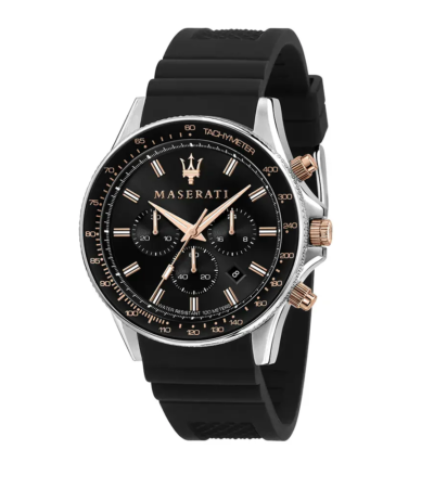 Maserati Sfida men's chronograph watch with silver case and black silicon strap.