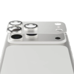 Silver PanzerGlass Fender camera lens protector installed on iPhone 17 Pro.