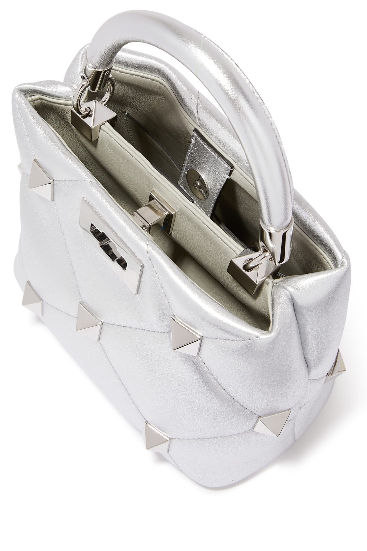 Valentino Roman Stud Top Handle Bag Silver Nappa Leather