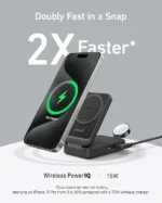 Anker MagGo 15W 3-in-1 Wireless Charger in black showing iPhone, Apple Watch, and AirPods charging simultaneously.