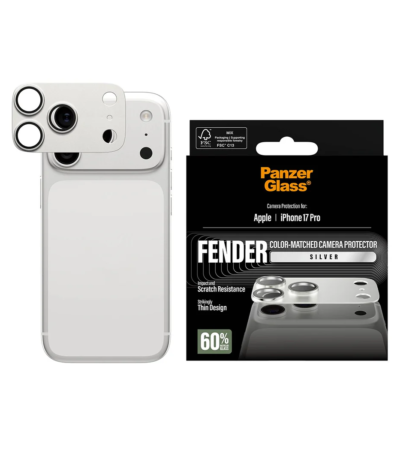 Silver PanzerGlass Fender camera lens protector installed on iPhone 17 Pro.