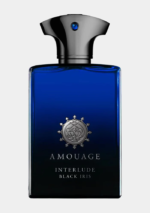 Amouage Interlude Black Iris 100mL bottle with blue glass and gold shield