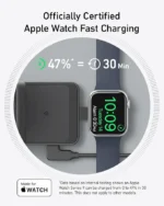 Anker MagGo 15W 3-in-1 Wireless Charger in black showing iPhone, Apple Watch, and AirPods charging simultaneously.