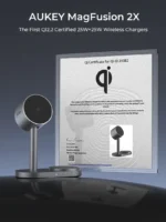 AUKEY Qi2.2 MagFusion 2-in-1 Magnetic Wireless Charger in Grey showing an iPhone and earbuds charging.
