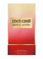 Red glass bottle of Roberto Cavalli Paradiso Assoluto Eau de Parfum 75ml for women.