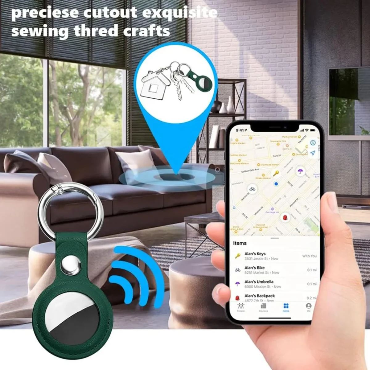 Dark Green AirTag FineWoven Key Ring with polished stainless steel ring and forest green microtwill