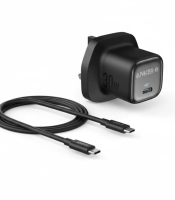 Anker 30W USB-C fast wall charger with 1m cable in black.