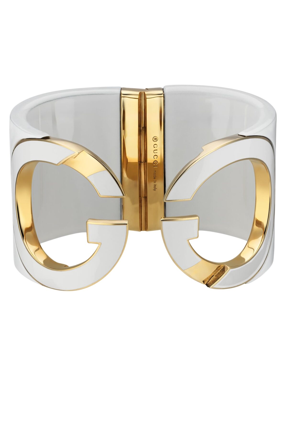 Front view of the Gucci Interlocking Cuff Bracelet featuring the white resin G motif.