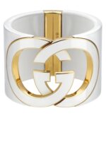 Front view of the Gucci Interlocking Cuff Bracelet featuring the white resin G motif.