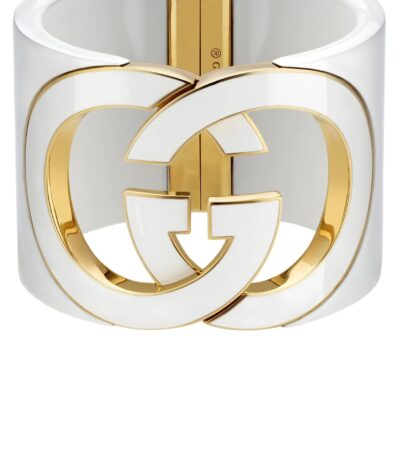 Front view of the Gucci Interlocking Cuff Bracelet featuring the white resin G motif.