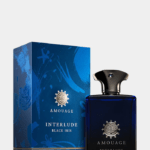 Amouage Interlude Black Iris 100mL bottle with blue glass and gold shield